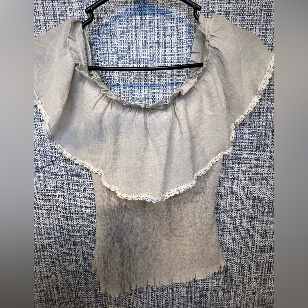 BCX beige Ruffled Blouse with Lace Trim
